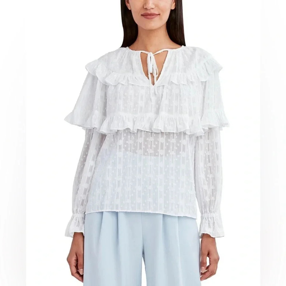 BCBGMAXAZRIA White Tie-Neck Ruffled Blouse Bohemian Boho Women’s Size Small NWT